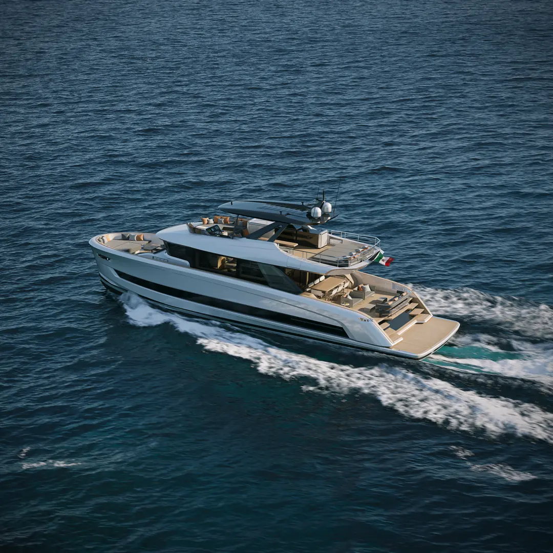 Solaris Power 70 får toppfart på 25 knop. Største motoralternativ er 2 x Volvo Penta D13- IPS 1350. Foto: Produsent